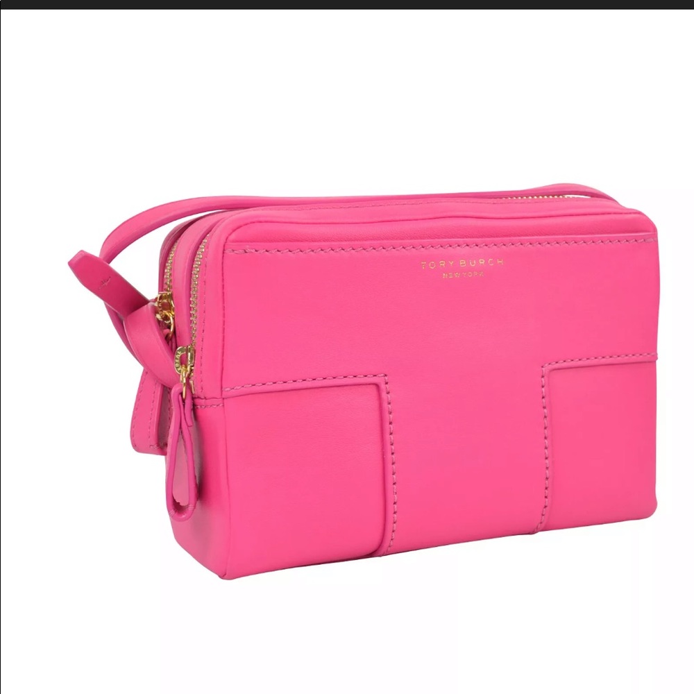 Tory Burch Block T Double Zip Bag in Crazy Pink